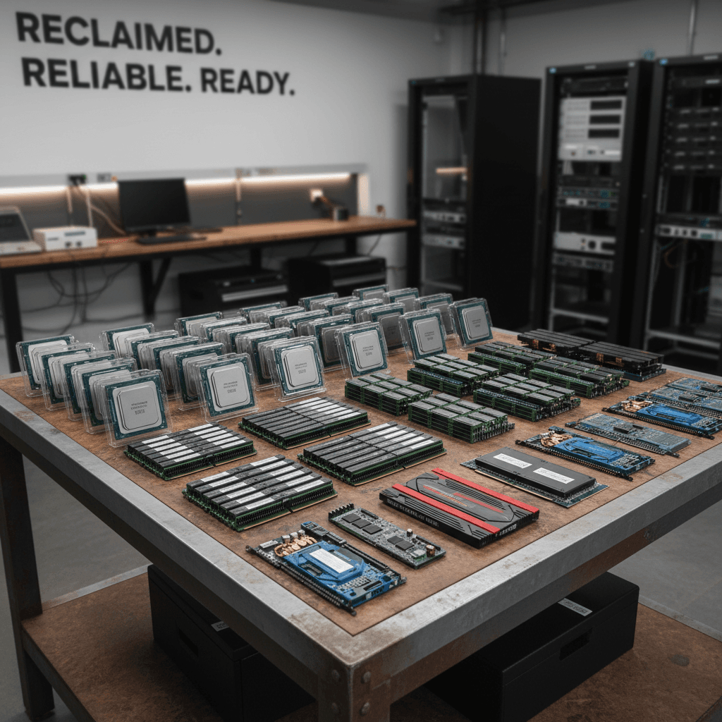 Organized array of refurbished datacenter hardware including CPUs and memory modules on a workbench.