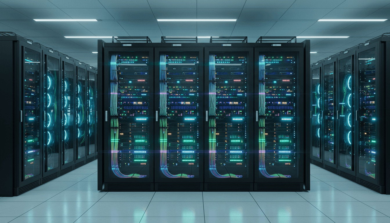 Illuminated server room with organized networking equipment and cables supporting educational platform infrastructure